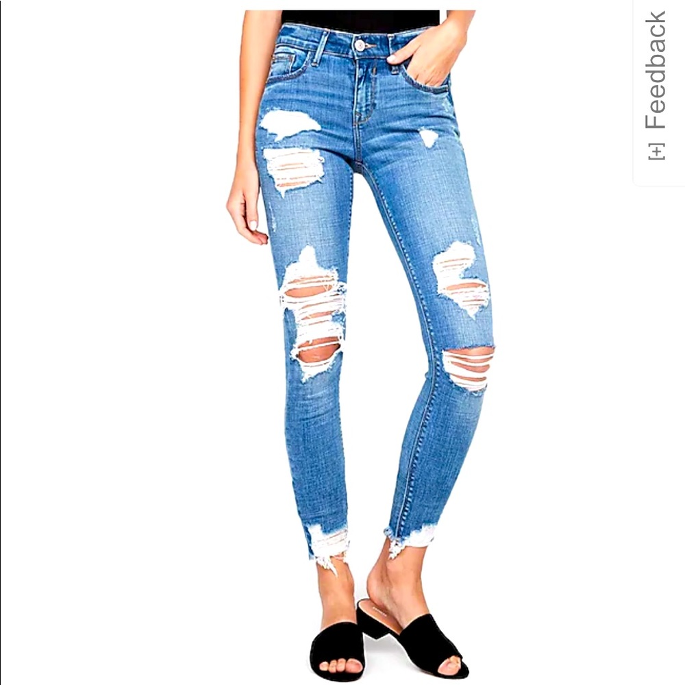 Mid Rise Medium Wash Ripped Ankle Leggings